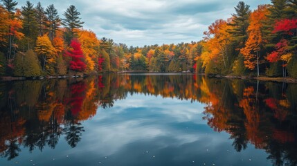 tranquil lake surrounded by dense, ancient forests, reflecting the changing colors of autumn leaves