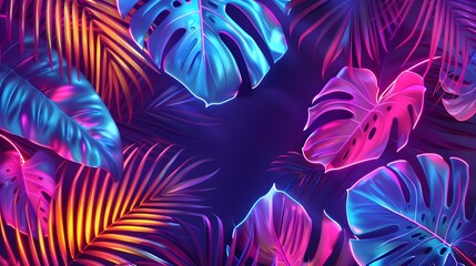 Vibrant neon light tropical leaf pattern showcasing a vivid and captivating digital art of lush exotic foliage in a fusion of bold striking colors
