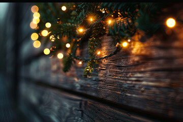 Glowing Christmas garland on the wooden background in the darkness with some free space for your text or sign