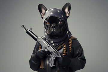 a dog with a black bandana is holding a gun
