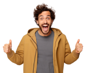PNG  Young caucasian handsome man surprised and smiley Raise your hand shouting adult white background.