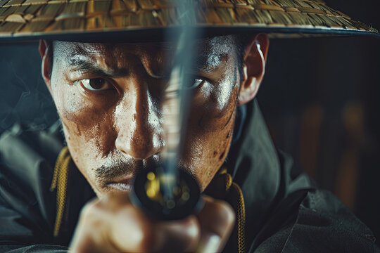 Japanese man in a samurai holding a Katana sword