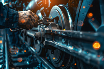 Team engineer use wrench repair train wheel, double exposure with bokeh, banner cover