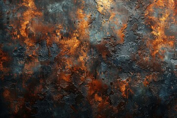 Rusted metal surface with orange and black paint - obrazy, fototapety, plakaty