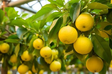 Ripe lemons growing on a lemon tree in the garden