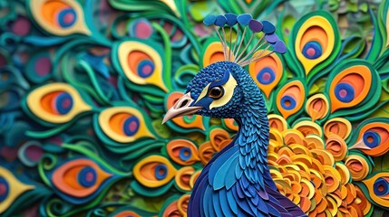 vibrant peacock brought to life with layers of colorful paper, highlighting the intricate beauty