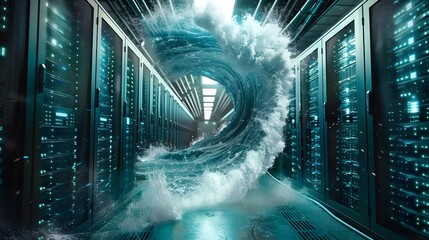 Powerful Tidal Wave Crashing into a Futuristic Server Room Amid a Digital Onslaught - obrazy, fototapety, plakaty