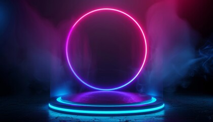 A glowing, neon blue circle is the main focus of this image by AI generated image - obrazy, fototapety, plakaty