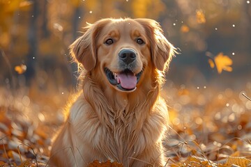 A cheerful dog outside a walk in the morning in the park. - obrazy, fototapety, plakaty