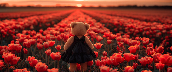 Naklejka premium Tulip field, teddy bear 