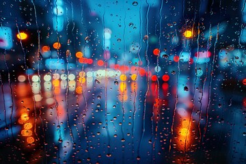 abstract pattern of night light and raindrop blur bokeh background on city street with different...