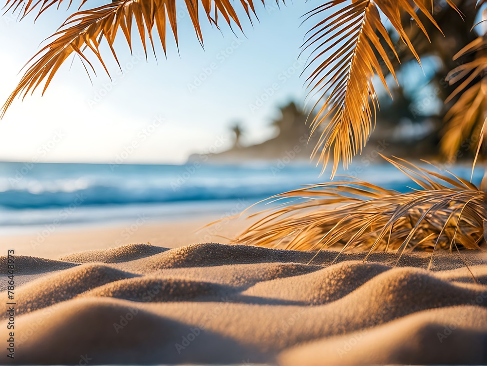 Wall mural close-up of sand on the shore of the beach, frame of palm leaves