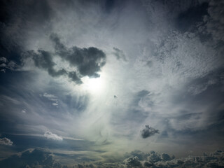 A dramatic sky filled with various types of clouds, with the sun shining brightly through, creating...