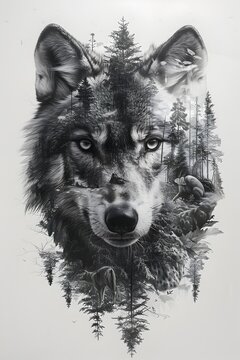 Enchanting Double Exposure: Intricate Black Pencil Drawing Intertwines with Animal Imagery in a Symbolic Masterpiece of Art and Nature