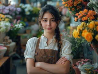 Woman standing in flower shop with arms crossed