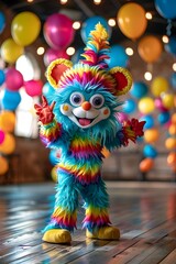 Lovable Mascot Delights Children with Playful Dance in Vibrant Costume