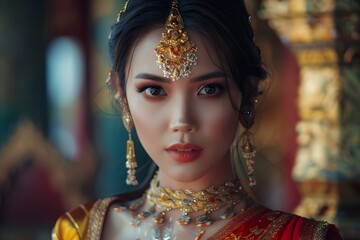 Thai Female Model Embodies Cultural Grace and Timeless Beauty - obrazy, fototapety, plakaty
