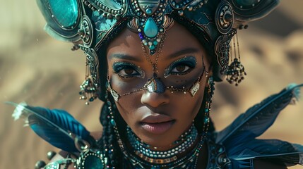 Otherworldly Beauty: Mixed Woman in Crystal-Embellished Tribal Armor Standing Proudly in a Mars-like Desert