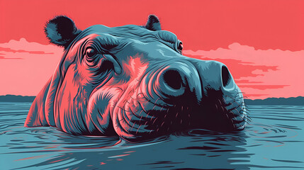 hippo, screenprinted style, limited color palette