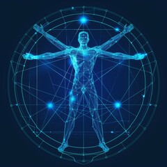  A man interacts with a digital representation of the Vitruvian Man, perfect for illustrating the intersection of technology and anatomy in a low-poly, blue hologram style.
