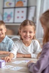 Young girl happily engages in a board game with friends in a well-lit classroom