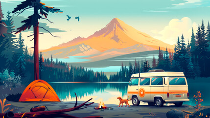 Retro Camper Van by Lake with Majestic Mountain Sunset View
