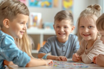 Group of joyful 7-year-old boys and girls engaged in a fun activity indoors, sharing smiles and laughter