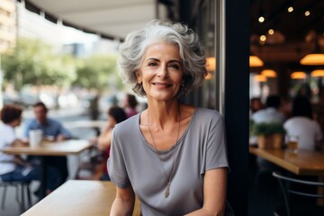 Portrait of a blissful woman in her 60s dressed in a casual t-shirt on bustling city cafe