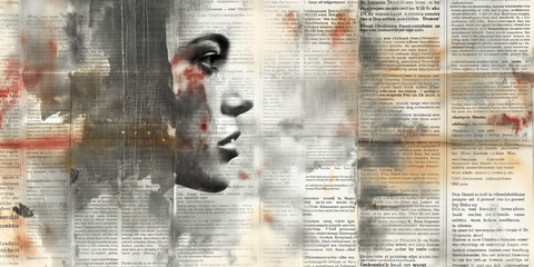 Old grunge background with newspapers torn and painted pages,  woman's face is painted on a page of a newspaper. Creative vintage background with copy space. - obrazy, fototapety, plakaty