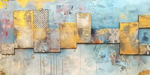Mixed Media Abstract Collage with Diverse Textures and elements.  Creative background with copy space.