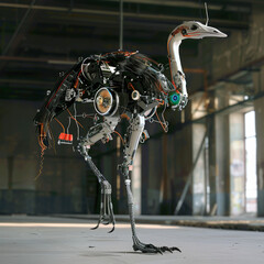 A robotic ostrich, tall and swift, crafted from advanced machinery, moves with agility, its sensors replicating bird behaviors convincingly 3D (Generative Ai)