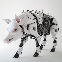 A robotic pig, robust and efficient, engineered from intricate components, trots with determination, its sensors mimicking porcine behaviors convincingly 3D (Generative Ai) - obrazy, fototapety, plakaty