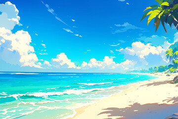 Fototapeta na wymiar Summer seaside travel vacation illustration background, Beginning of Summer solar term natural scenery seaside vacation activities