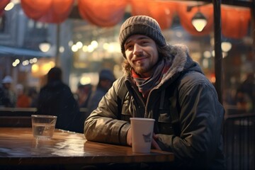 Obraz premium Portrait of a blissful man in his 20s dressed in a warm ski hat on bustling city cafe