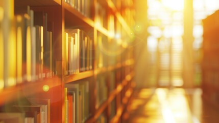 Blurred background of a library with bookshelves and sunlight.