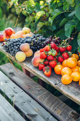 Fresh Ripe Sweet Fruits on the Wooden Table in the Garden. Fresh Organic Food