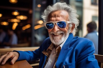 Portrait of a merry elderly man in his 90s wearing a trendy sunglasses on bustling city cafe