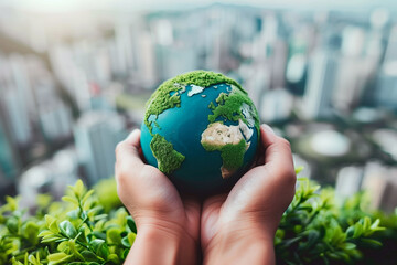 Hands holding a small Earth globe in front of city skyscrapers, symbolic eco gesture for environmental protection, making cities and business more green, sustainable economic development