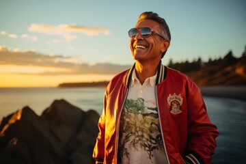 Portrait of a happy man in his 50s sporting a stylish varsity jacket on beautiful beach sunset