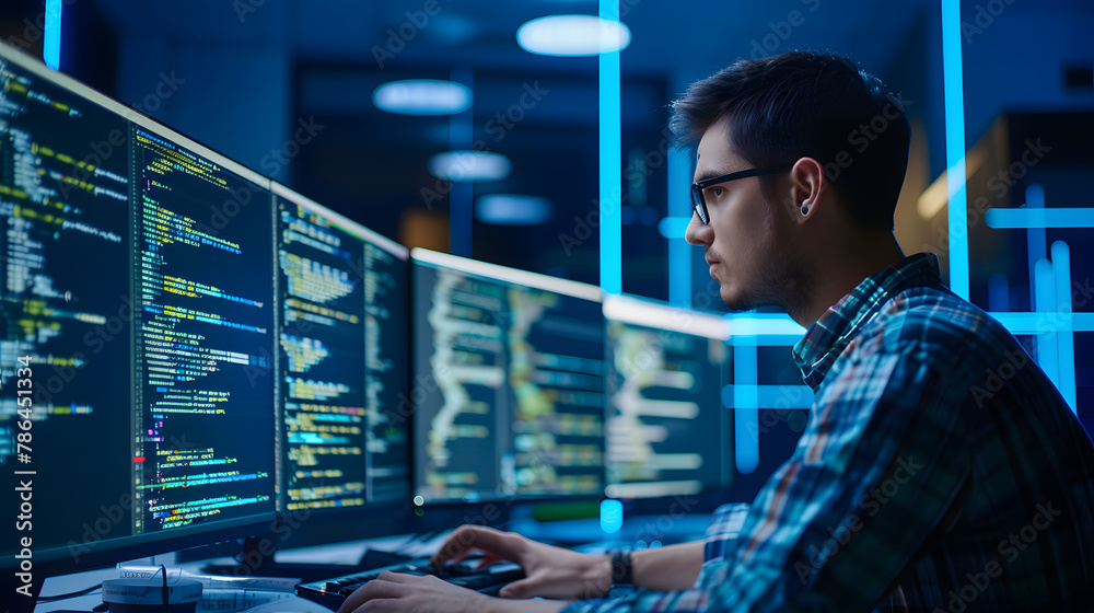 Poster programmer working on computer screen