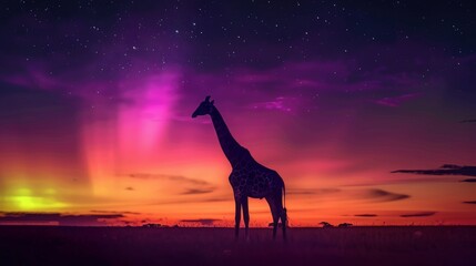 A tall giraffe stands in the middle of a grassy plain at sunset. The sky is ablaze with color, and the giraffe's silhouette is stark against the horizon.