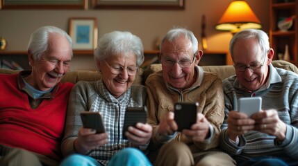 Senior sharing at their smartphones. Joyful senior friends sharing a fun moment while looking at their smartphones together. - Powered by Adobe