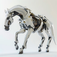 A robotic horse, sleek and powerful, crafted from advanced machinery, gallops with fluidity, its sensors replicating equine behaviors convincingly 3D (Generative Ai)