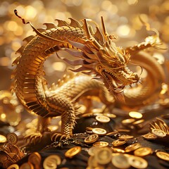 3D render of an elegant golden Chinese dragon gracefully arching over a sea of scattered gold coins, its scales glinting with a lustrous finish, perfect for a powerful and opulent wallpaper.
