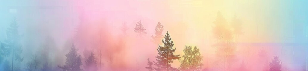 Beautiful blurred nature background with trees and fog in rainbow colors.