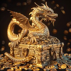 3D rendered golden dragon perched on a treasure chest overflowing with gold coins, its scales detailed and reflective, ideal for a backdrop that speaks to wealth and guardianship.