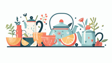 Tea pot beverage service tea time clipart vector illustration