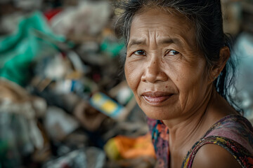 Portrait of a sad Asian Woman Amidst Waste at Landfill Site: Concept of waste management and environmental activism