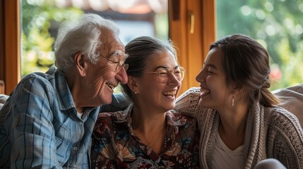 Naklejka premium Elderly couple with granddaughter enjoying a moment together indoors, smiling and laughing in a warm, sunlit room. Family bonding concept.