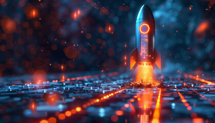 A rocket is flying through a city with a bright orange trail behind it by AI generated image - obrazy, fototapety, plakaty